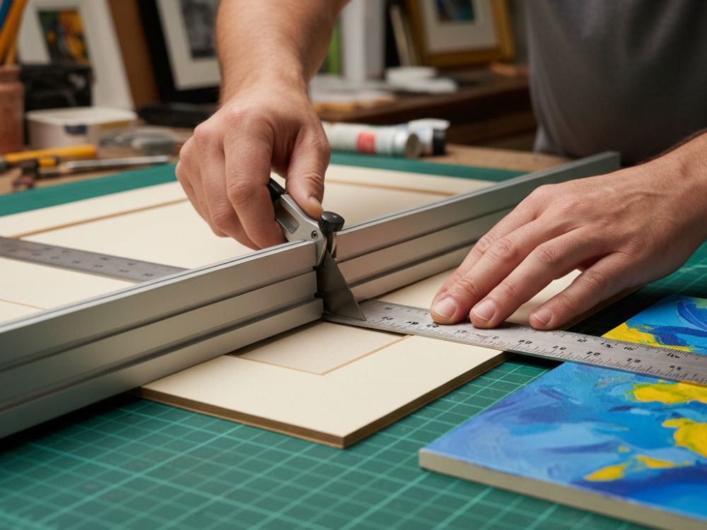 cuts out a mat for a painting